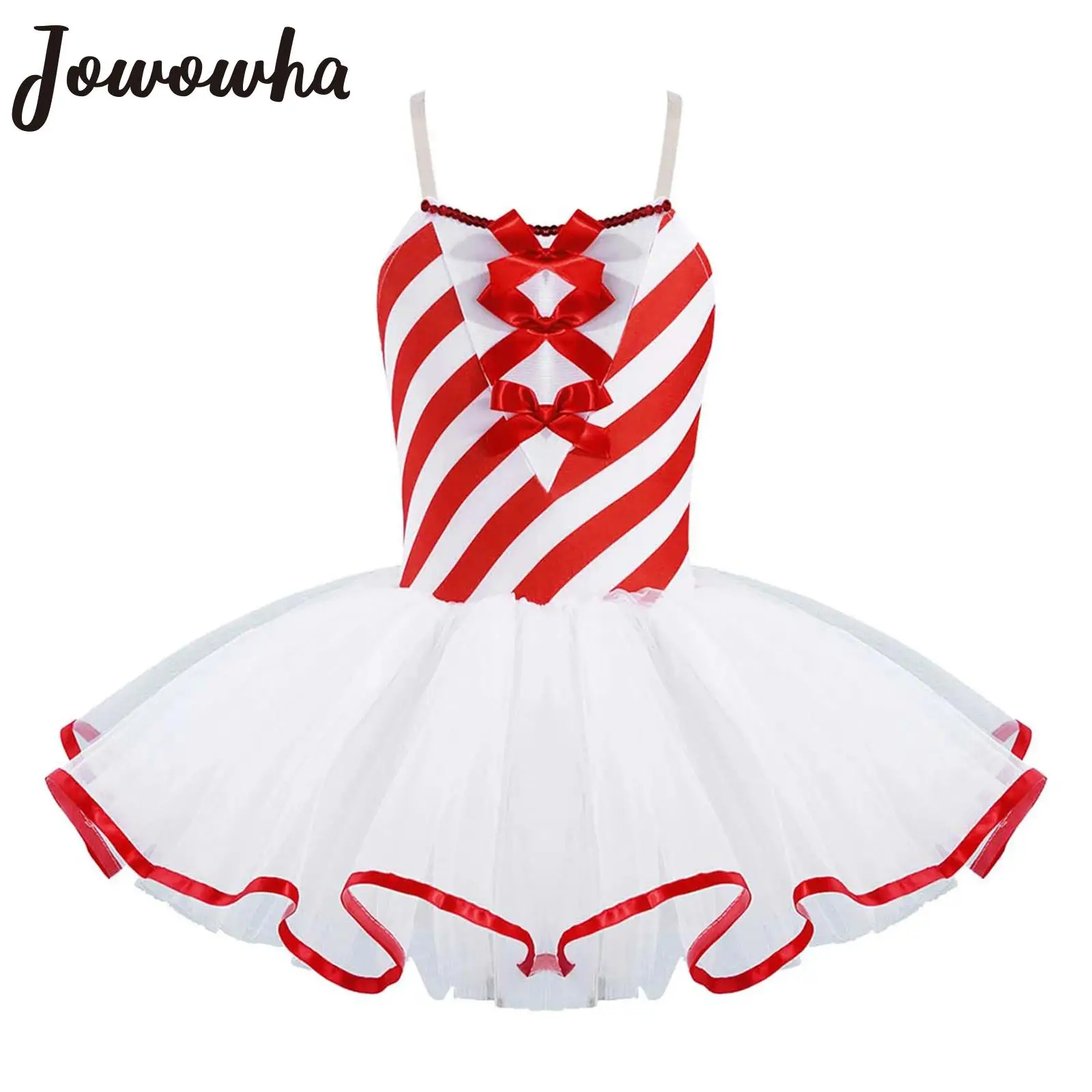 Kids Girls Christmas Ballet Tutu Striped Candy Cane Costume Bowknot Mesh Dance Figure Skating Gymnastics Leotard Dress Dancewear