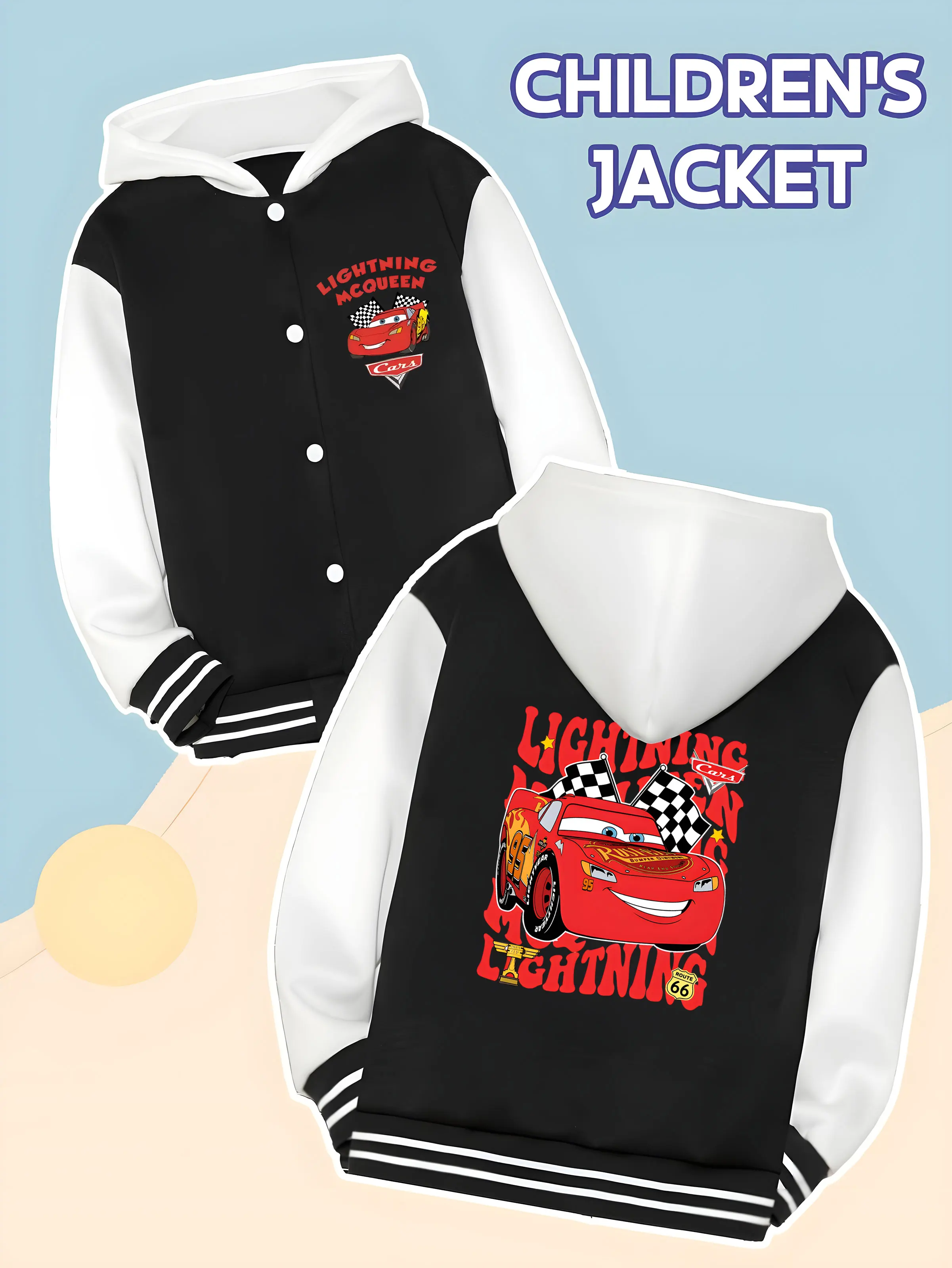 

MINISO Disney's "Cars" McQueen Trendy Kids' Baseball Boys' Jacket - Racing and Flag Patterns, Suitable for Campus Activities