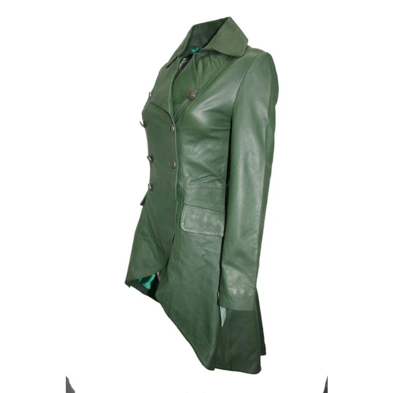 Women Sheepskin Leather Double Breasted Long Trench Coat Green Designer Overcoat