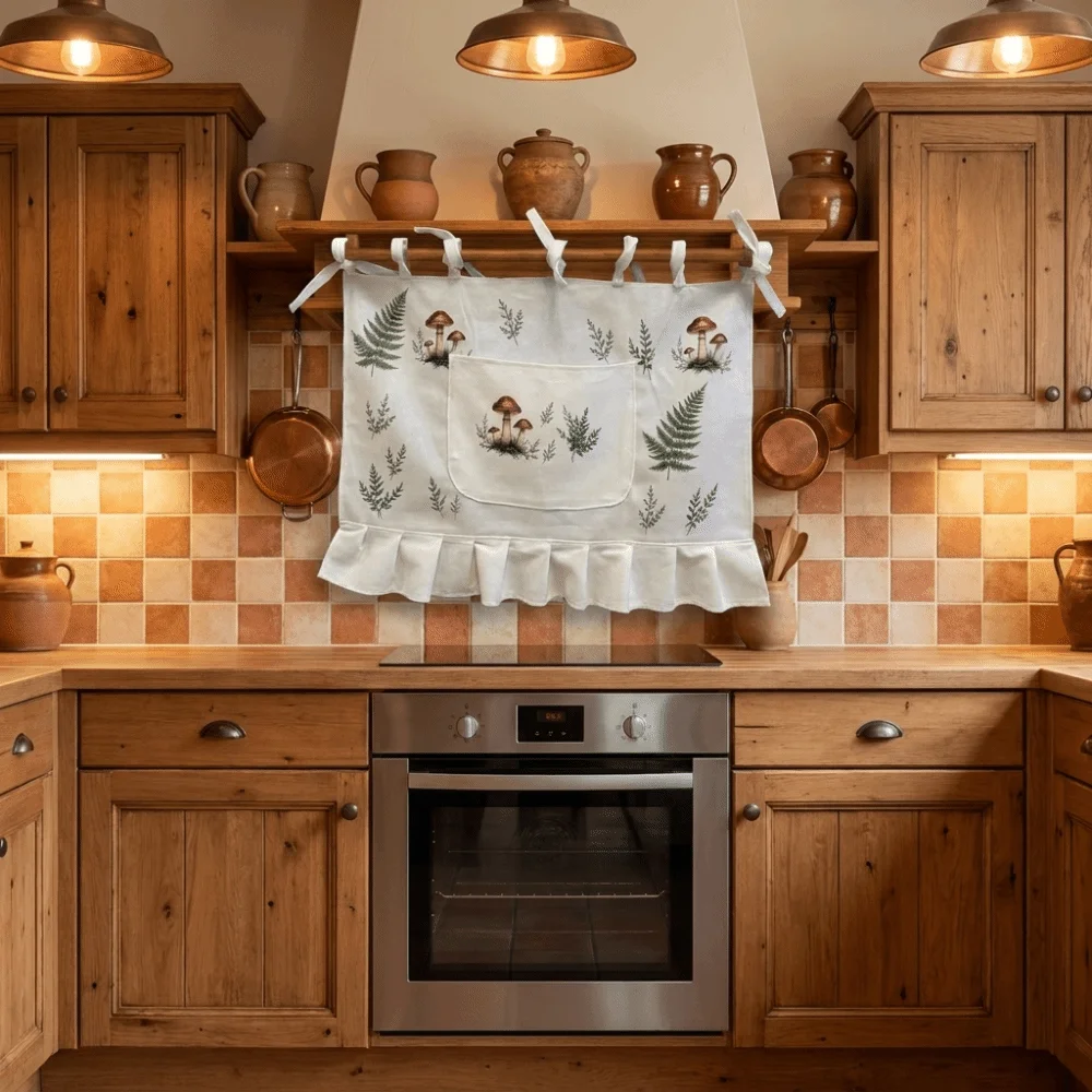 Modern Pastoral Style Ruffle Trim Oven Door Curtain Rustic with Pockets Stove Cover Skirt Handmade Oven Skirt Range Hide Clutter