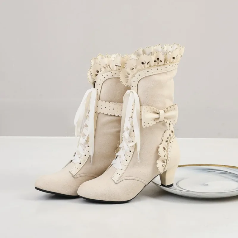 Retro Women's Boots Trend Womens Mid Calf Boots Victorian Style Lace Up High Heels Plus Size Women Shoes Luxury Zapatos De Mujer