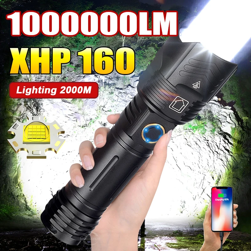

Super Bright Flashlight XHP160 LED Work Light Rechargeable Lamp Waterproof Torch Most Powerful Tactical Lantern Outdoor Lights