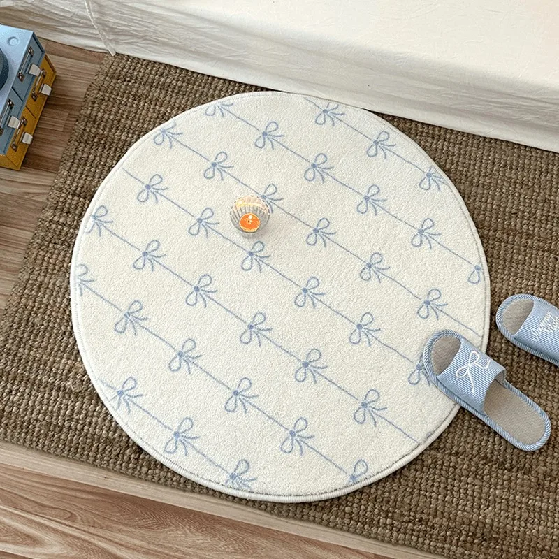 Alfombra redonda con lazo para dormitorio, mesita de noche, sala de estar, alfombrillas suaves y esponjosas para los pies, alfombra de felpa azul, alfombras decorativas para el hogar