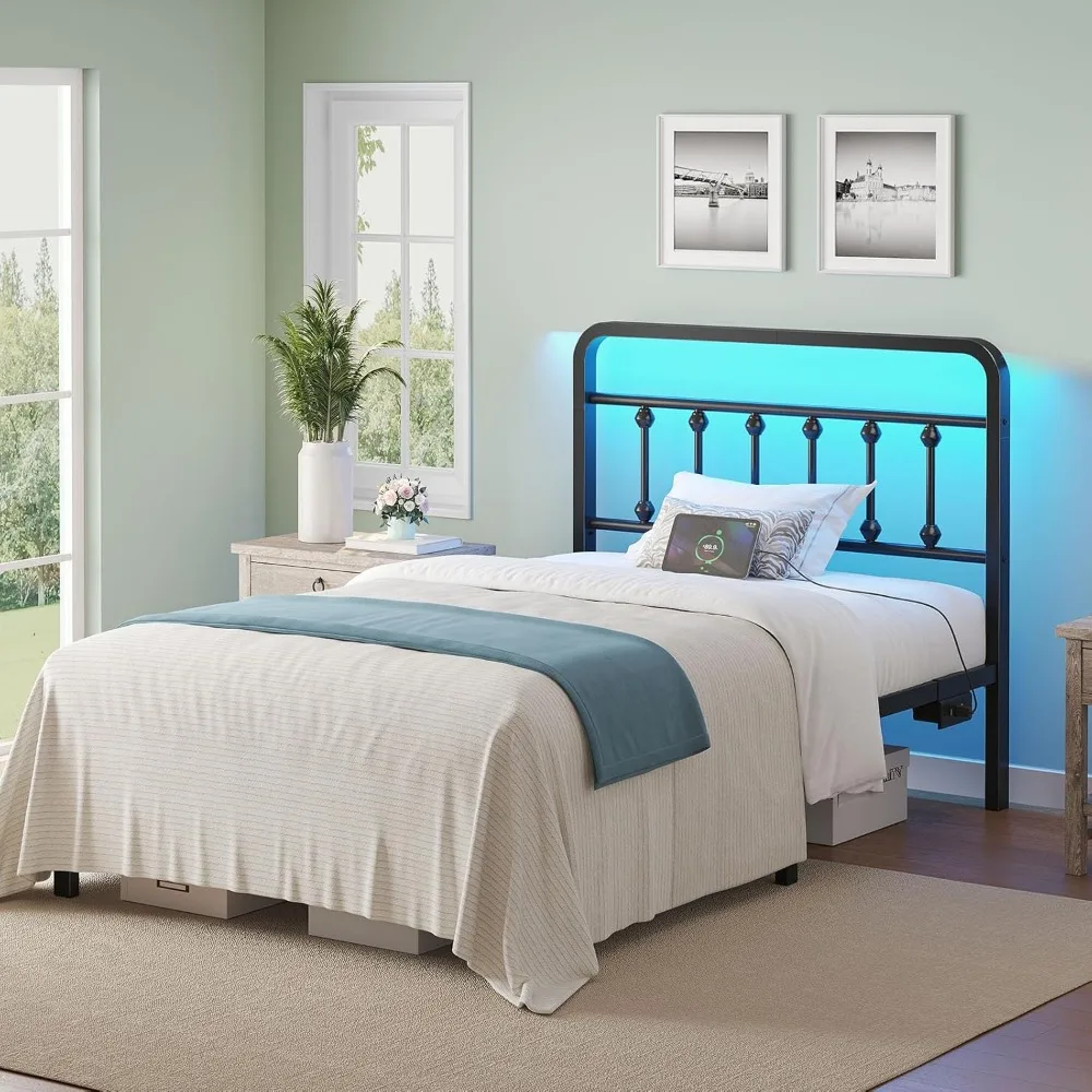 إطار سرير مزدوج معدني مقاس 14 بوصة مع لوح رأسي، ومحطة شحن، وأضواء LED، وتخزين تحت السرير، شديد التحمل، وسهل التجميع باللون الأسود
