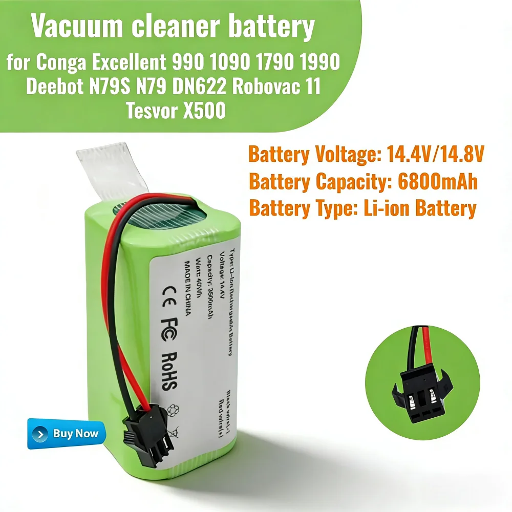 

Replacement Battery 14.4V 6800mAh for CECOTEC CONGA 950 990 999 1190 1091 1099 1790 1990 2290 5290 Vacuum Cleaner Battery