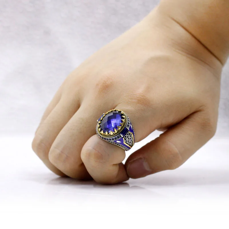 التركية الأزرق كريستال زجاج حجر خاتم ، 925 فضة ، Vintage الملك تاج ، تشيكوسلوفاكيا المينا ، الرجال المجوهرات ، المرأة هدية ، مجوهرات Tibetan #6