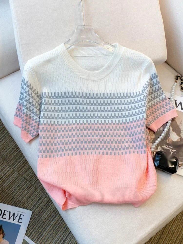 Chic Gradient Striped Knitted Tshirt Sweater Women Summer Ice Silk Stylish Vintage Slim Ladies Knitwear Short Sleeve O-neck Tops