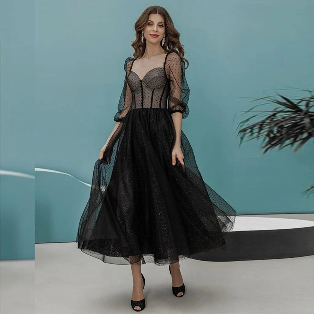 

BridalAffair Black A Line Tulle Blossoming Prom Dresses Sweetheart Puffy Sleeve Pleats Evening Gown Party Dress Vestido De Novia