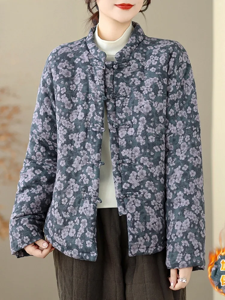 

Женское зимнее пальто из хлопка с воротником-стойкой и эффектом похудения, традиционное китайское пальто на пуговицах с цветочным принтом