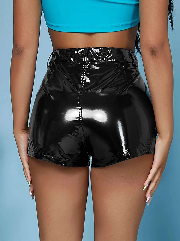 Shorts de motociclista de couro PU brilhante feminino, calça quente de cintura alta de falso látex com bolso, bodycon verão feminino, personalizado, novo