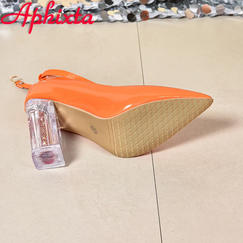 Aphixta 3.94inch Transparent Chunky Heels Women Pumps Orange Pimp Buckle Ankle Strap Shoes Leisure Patent Leather Plus Size 50