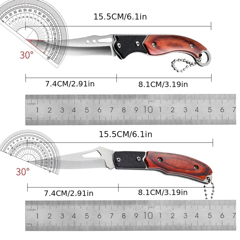 Kitchen Stainless Steel Fruit Knife Sharp Pocket Folding Knife with Keychain Wood Handle Paring Knives Cutting Kitchen Tool