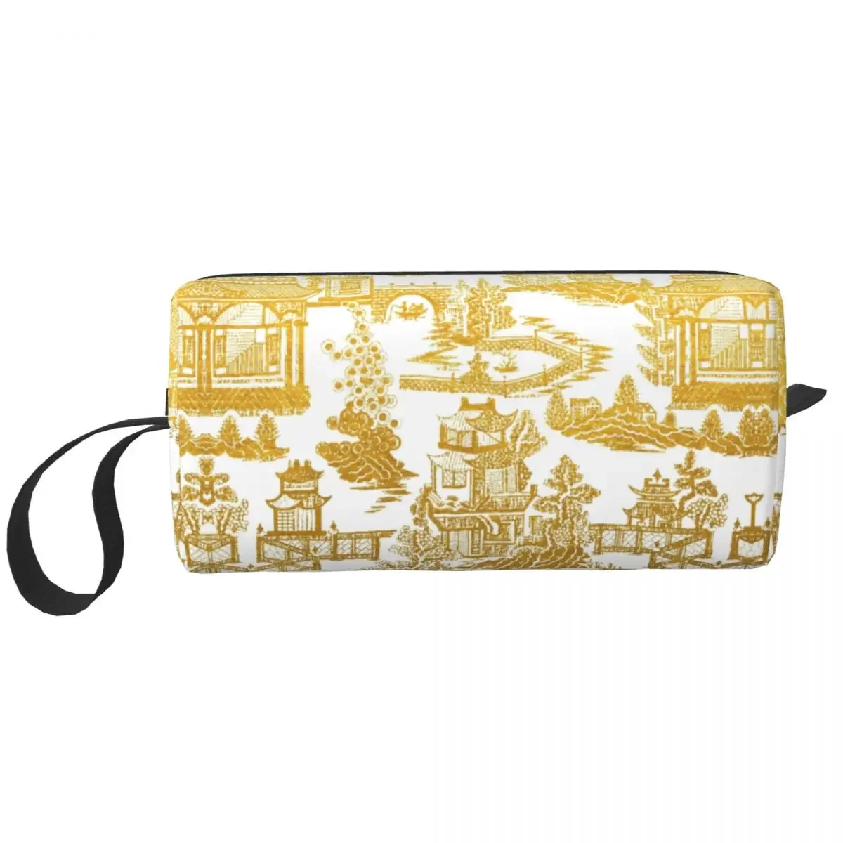 Golden Pagoda Chinoiserie Cosmetic Bag Large Capacity Vintage Oriental Willow Pattern Makeup Case Beauty Storage Toiletry Bags