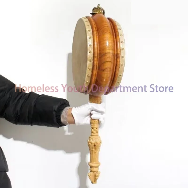 Pandereta tibetana de madera y cuero, instrumentos musicales de salón budista, tambor con mango, adornos artesanales para el hogar, 1 ud.