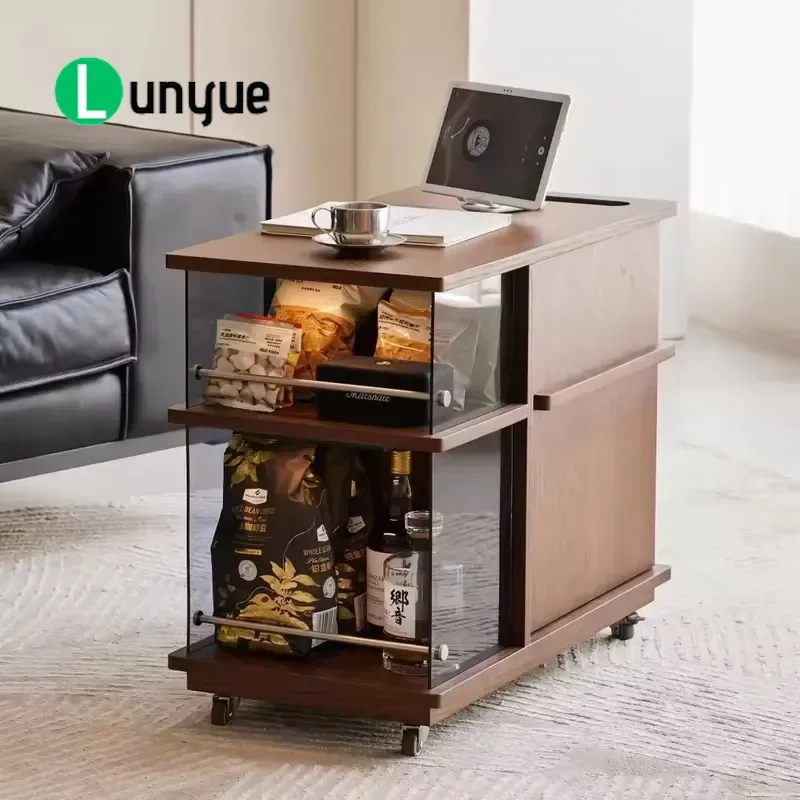 Modern Luxury Solid Wood Coffee Table with Storage Cart Set Movable Living Room Furniture Black White Customizable Size