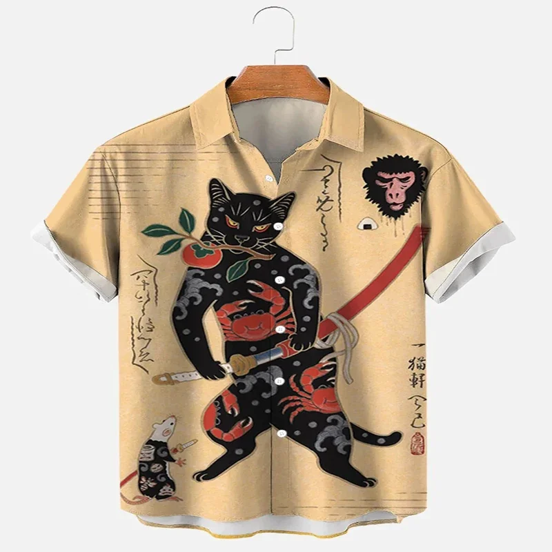 Cute Cat Ninja Warrior Print Hawaiian Shirt 3D Printed Hawaiian Shirt for Men and Women Casual Shirt Unisex