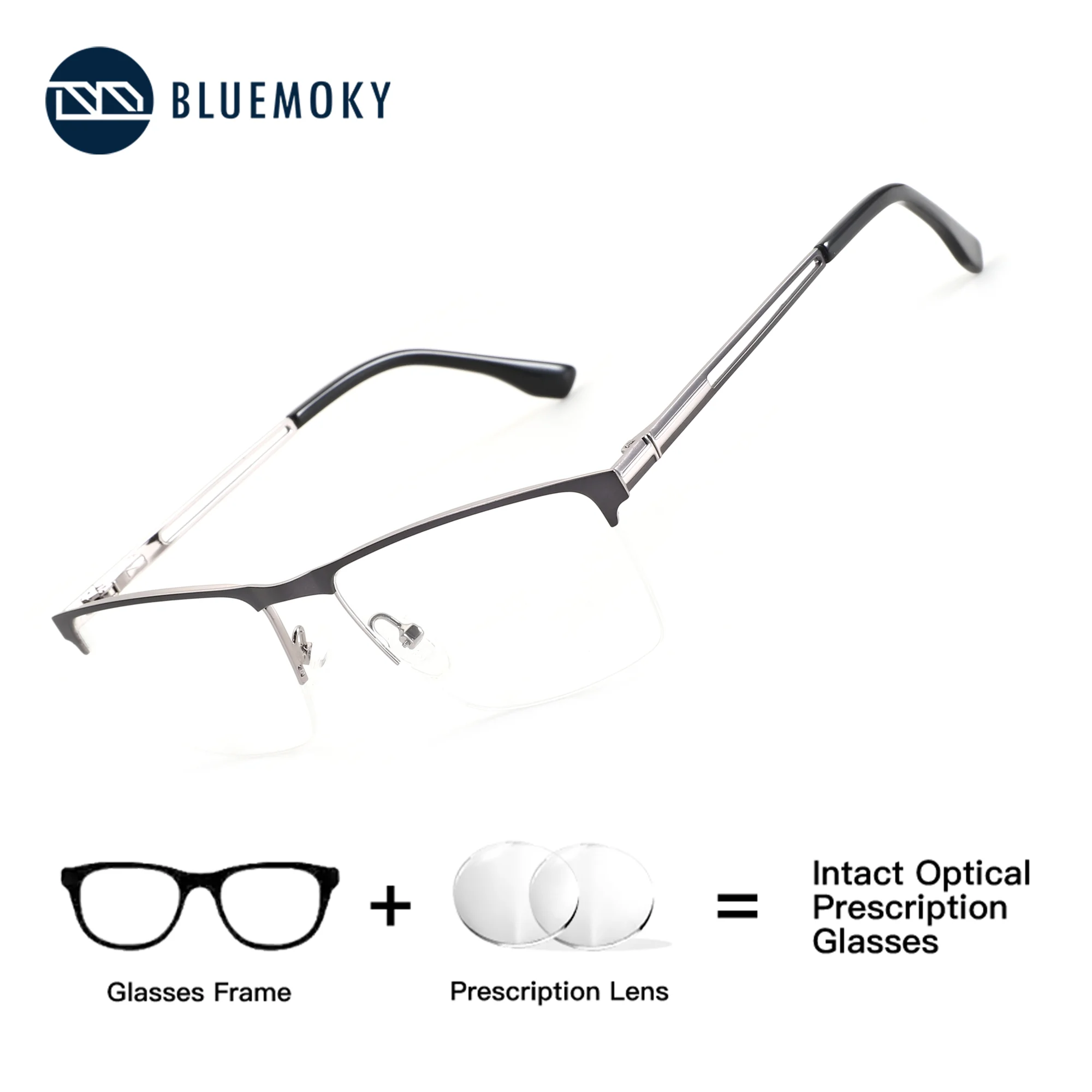 

BLUEMOKY Half-Frame Metal Prescription Eyewear Rectangle Photochromic Anti Blue Light Optical Eyeglasses Myopia Glasses for Men