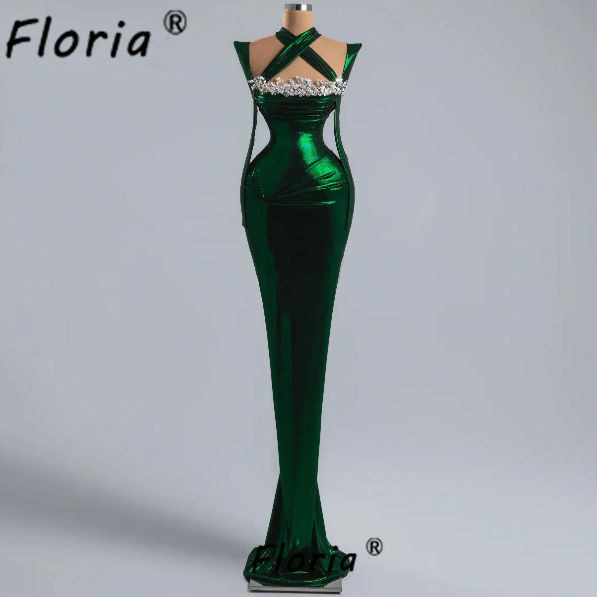 

Glossy Dark Green Crystal Mermaid Celebrity Party Dress Long Sleeves Specail Fabric Evening Prom Dresses 2025 robes de soirée