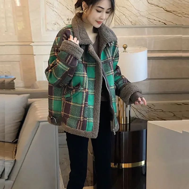 Green Patchwork Checkered Short Jacket Loose and Thick Lamb Wool Top European Station Autumn and Winter New Women's Clothing