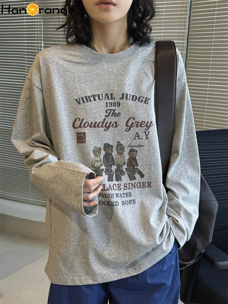 HanOrange 2026 Spring Retro Bear Letter Print Fun Long Sleeve T-Shirt Women Loose Drop Shoulder Tees White/Gray