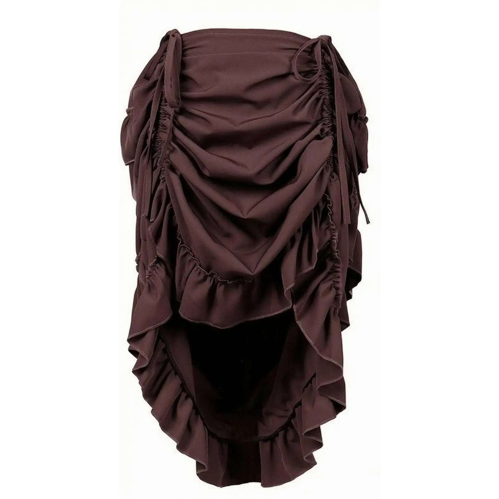 Solid Brown Polyester Drawstring Skirt for Women with Asymmetric Ruching and Multi Tiered Ruffles for Vintage and Casual Looks