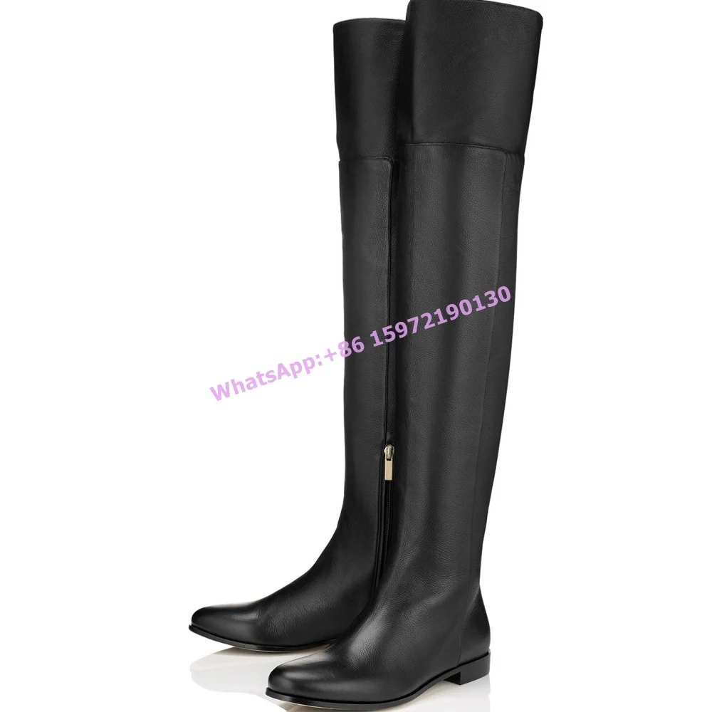 Brown Side Zipper Long Boots Round Toe Solid Over The Knee Thigh High Boots Women's Winter Flat with Concise Basic Shoes 2025