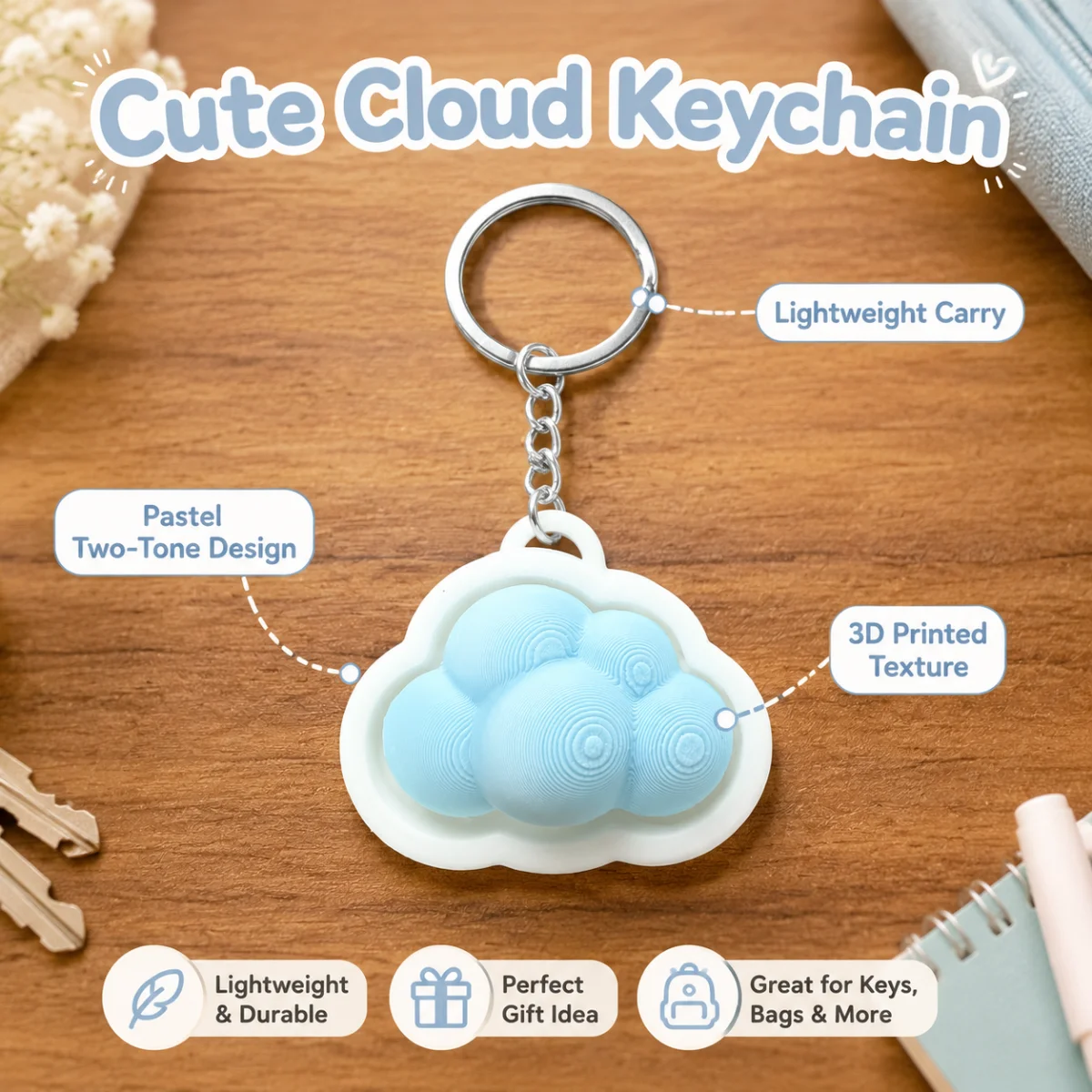 1pc Height Fluffy Cloud Clicker Keyring, Dual Color White Blue Outline PLA Minimalist Lightweight Portable Daily Key Accessory