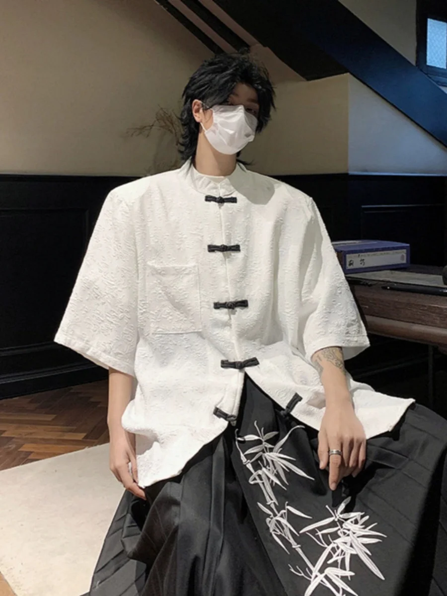 

New Chinese Style National Trend Embroidered Stand Collar Short Sleeve Men's Summer Buttoned Shangzhong Loose Shirt Coat