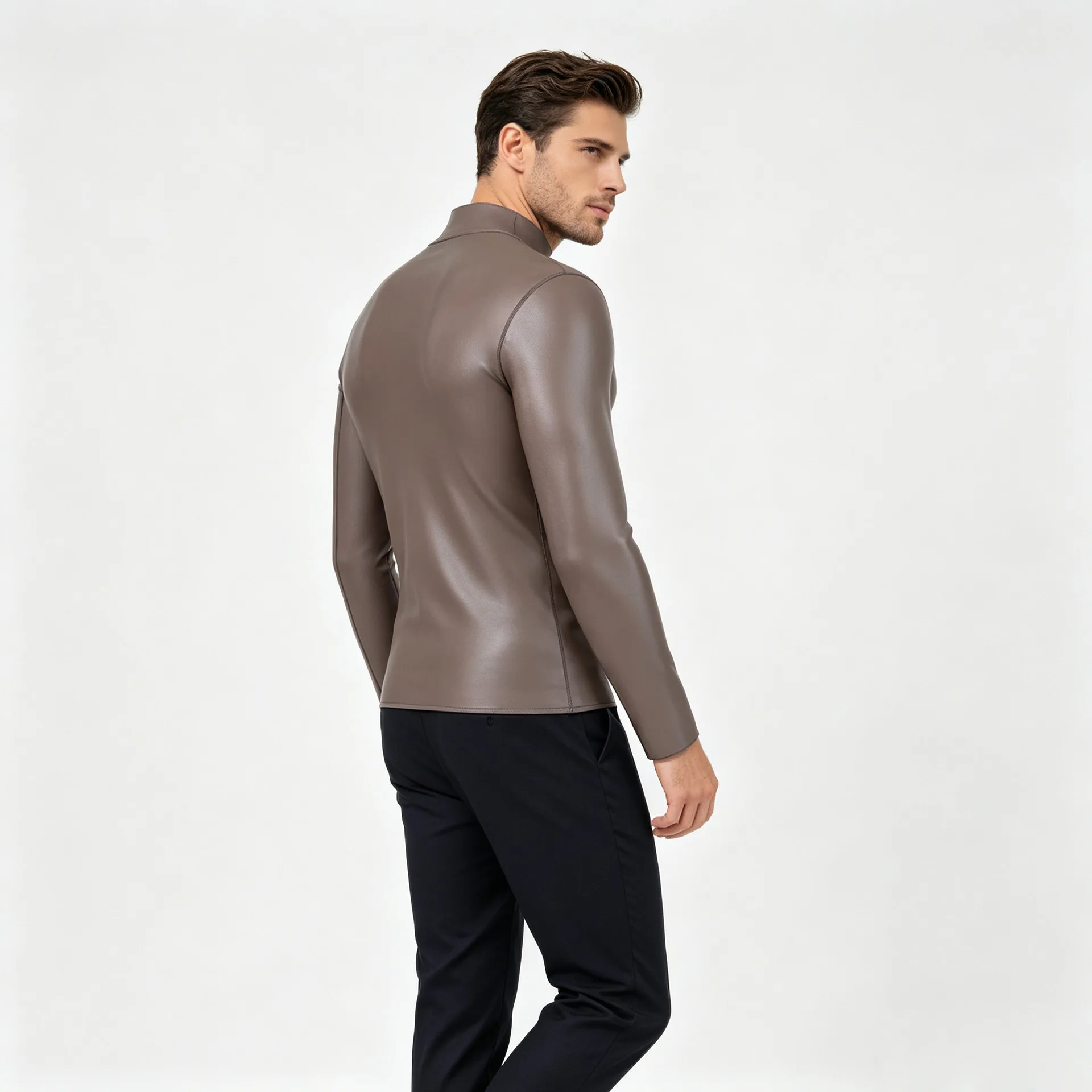 Men's Faux Leather Shaping Top Slim Fit Mock Neck Long Sleeve