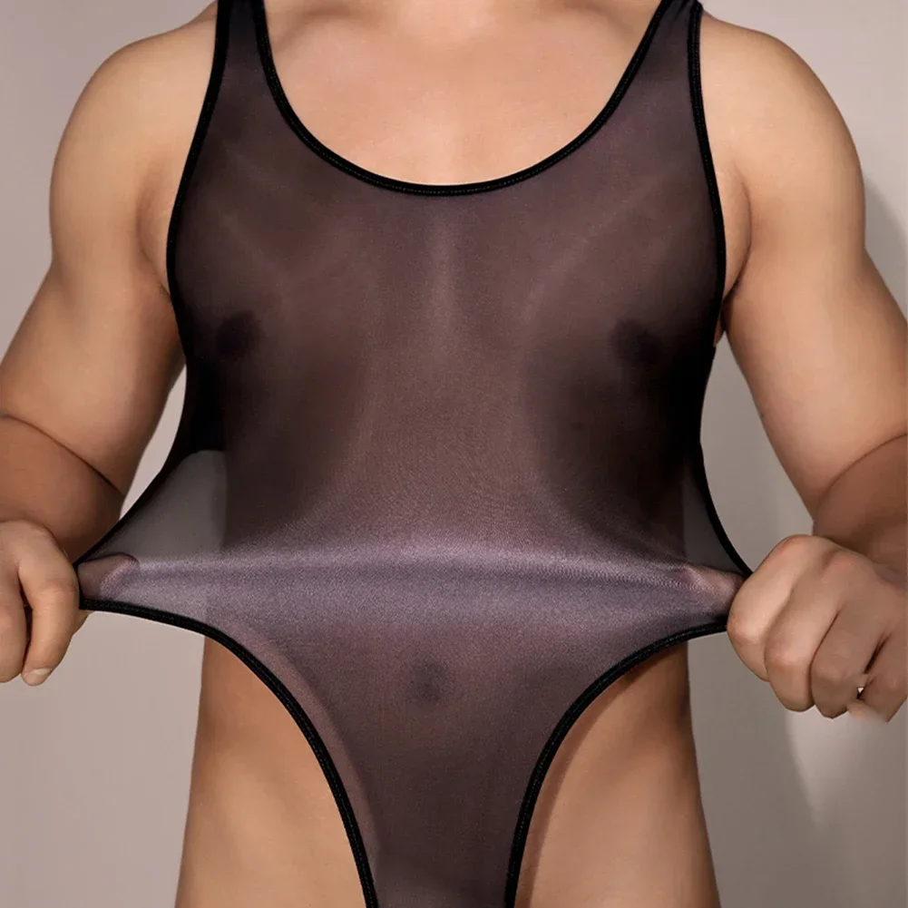 Barboteuses transparentes à coupe haute pour hommes, justaucorps en maille extensible, justaucorps dos nu, costume de batterie brillant à l'huile, lingerie gay, 7.0