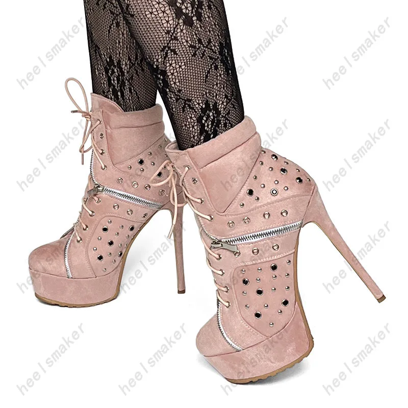 Sukeia Women Platform Winter Ankle Boots Round Toe Sexy Studs Stiletto Heels Pink Cosplay Shoes Ladies US Size 5-20