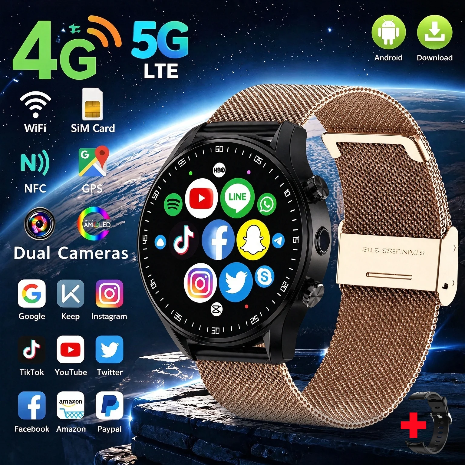 A7 5G Smart Watch, AMOLED Display HD Camera GPS Compass Video Call NFC Bluetooth Call All-in-one Fitness Smartwatch Men & Women