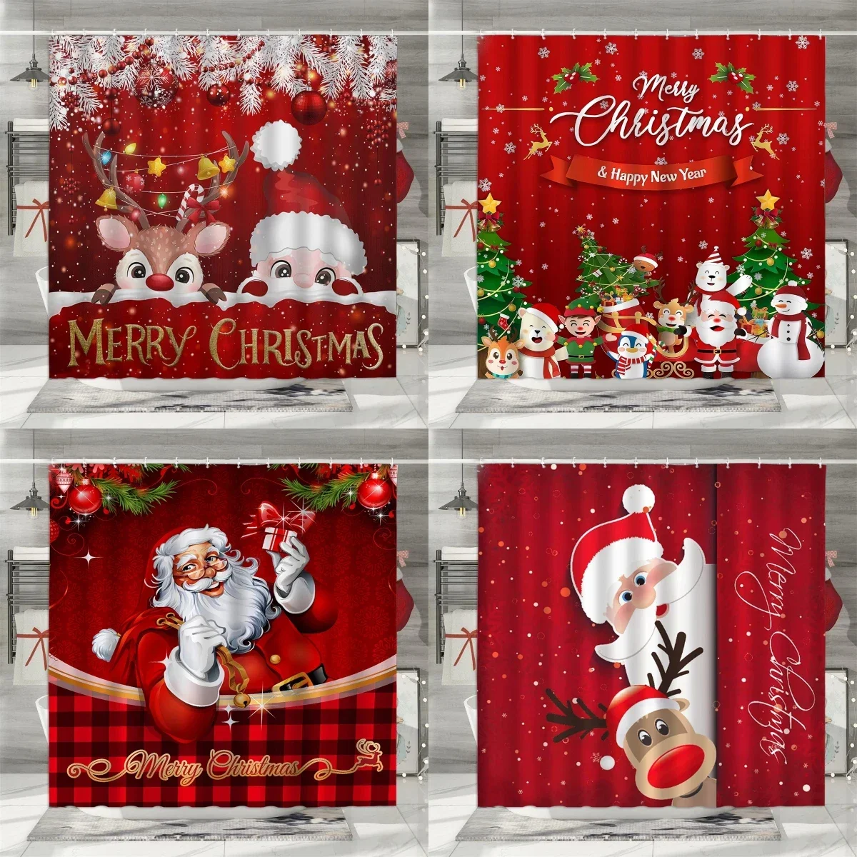 Christmas Shower Curtain, Winter Holiday Farm Snowman Santa Claus Christmas Tree Farmhouse Christmas Balls Bathroom Decorations