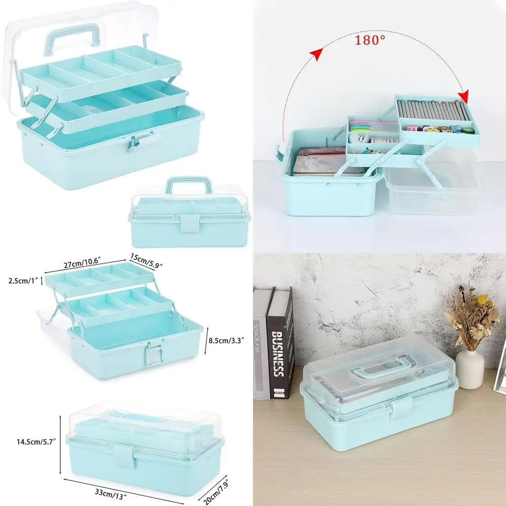 

Портативный трехъярусный пластиковый ящик для хранения с регулируемыми перегородками — синий органайзер для художественных принадлежностей для дома, лекарств и шитья
