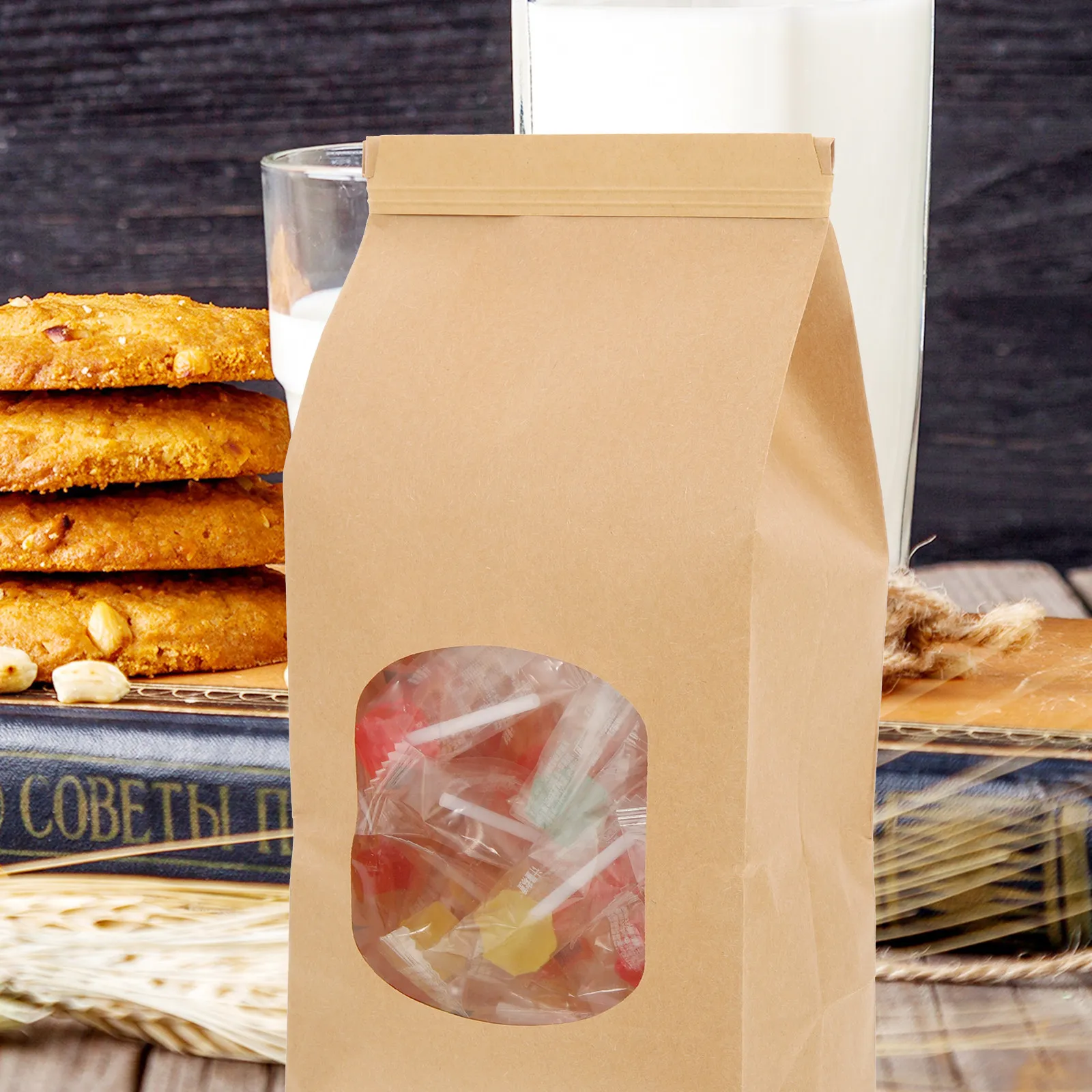 100Pcs Oilproof Kraft Paper Cookie Bags Snack Packaging Bags for Party Treats Candy Biscuits Gift Wrapping
