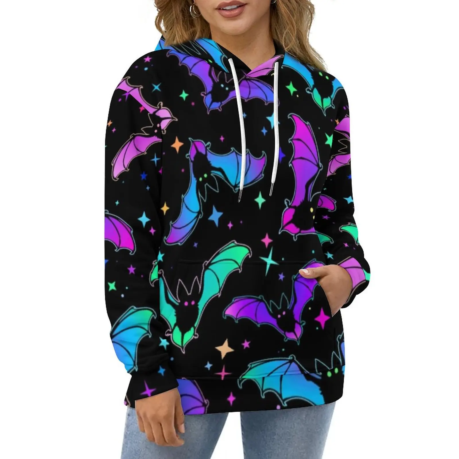 Bats Star Casual Hoodies Gothic Halloween Trendy Hoodie Female Long Sleeve Oversized Harajuku Graphic Loose Hooded Sweatshirts