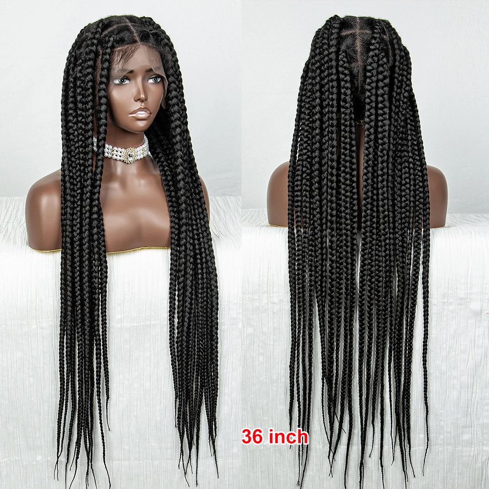 Peruca dianteira de renda sintética trançada longa para mulheres negras, 36 ", sem nós, tranças caixa, completa, torção, trança de cornrow