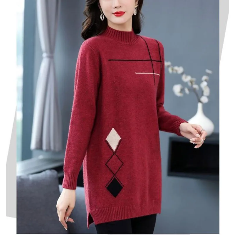 2024 Autumn Winter New Women\'s Half High Collar Loose Sweaters Fashion Casual All-match Mid Length Version Long Sleeve Tops