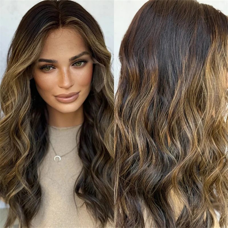 

13x4 Ombre Chestnut Brown Synthetic HD Lace Front Wig Soft Long Wave Wig Heat Resistant Fiber Party Daily Cosplay Wig for Women