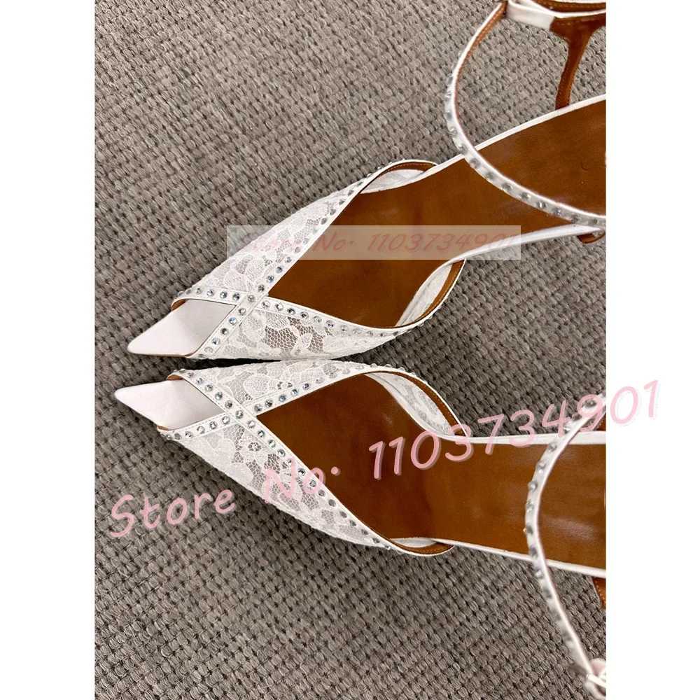 White Flower Lace Crystals Peep Toe Sandals Ladies Pointy Toe Summer Chic Elegant Shoe Fashion Party Casual Stiletto Sandals