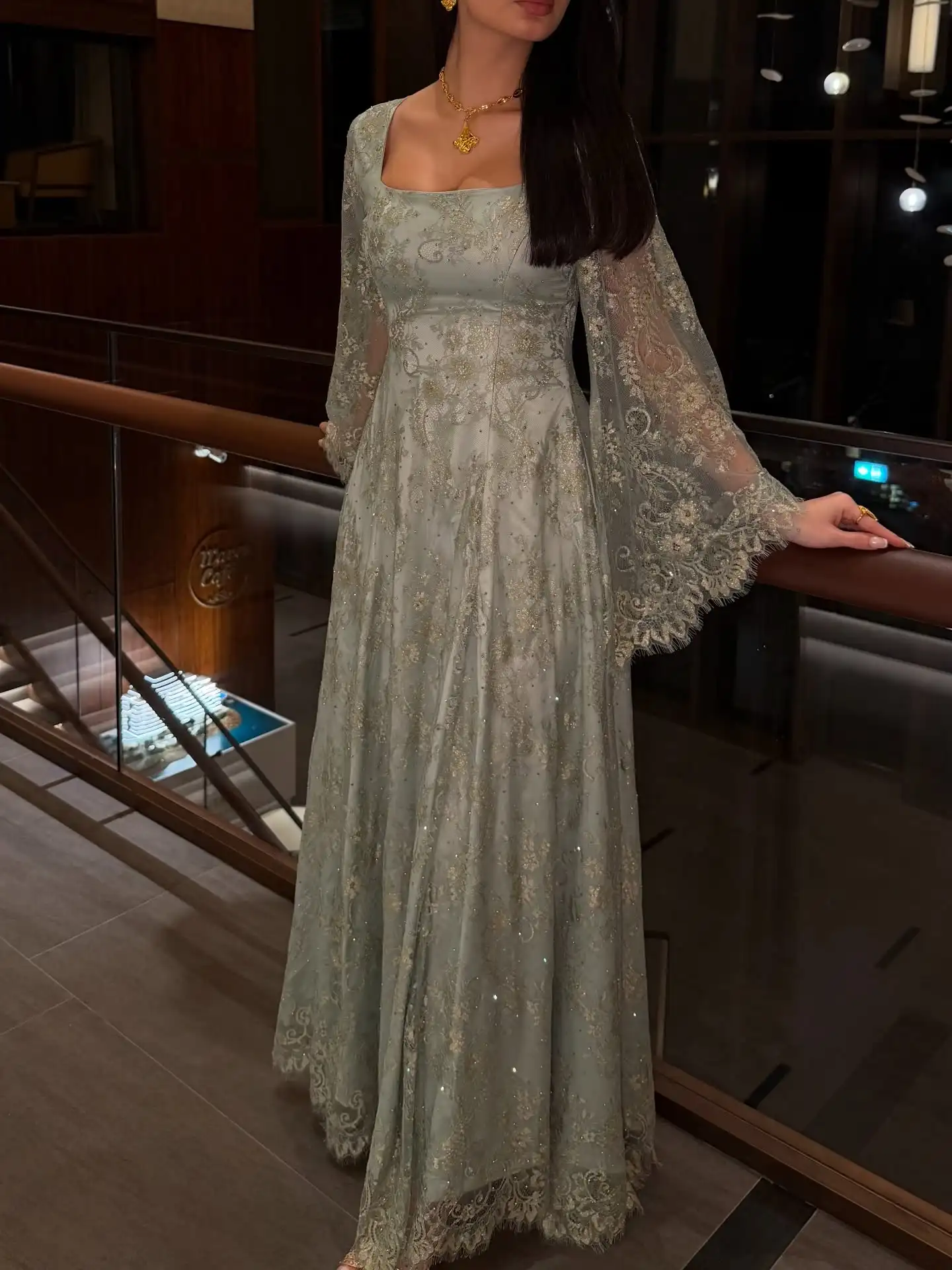 

Новое вечернее платье Ofherown 2026 цвета шалфейной зелени с кружевом, квадратным вырезом, расклешенными рукавами, расшитое бисером, макси-платье для выпускного вечера, нарядное платье для матери невесты