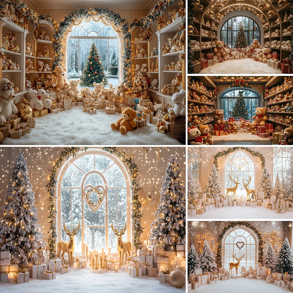 

Winter Cute Teddy Bears Theme Photography Background Indoor Warm Sunshine Window Snowflake Christmas Tree Decor Children Gift