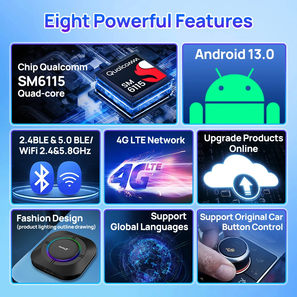 CarlinKit Android 13 LED AI Box Wireless CarPlay Wireless Android Auto Smart Car Multimedia Box Qualcomm Chip SD Expand to 512GB