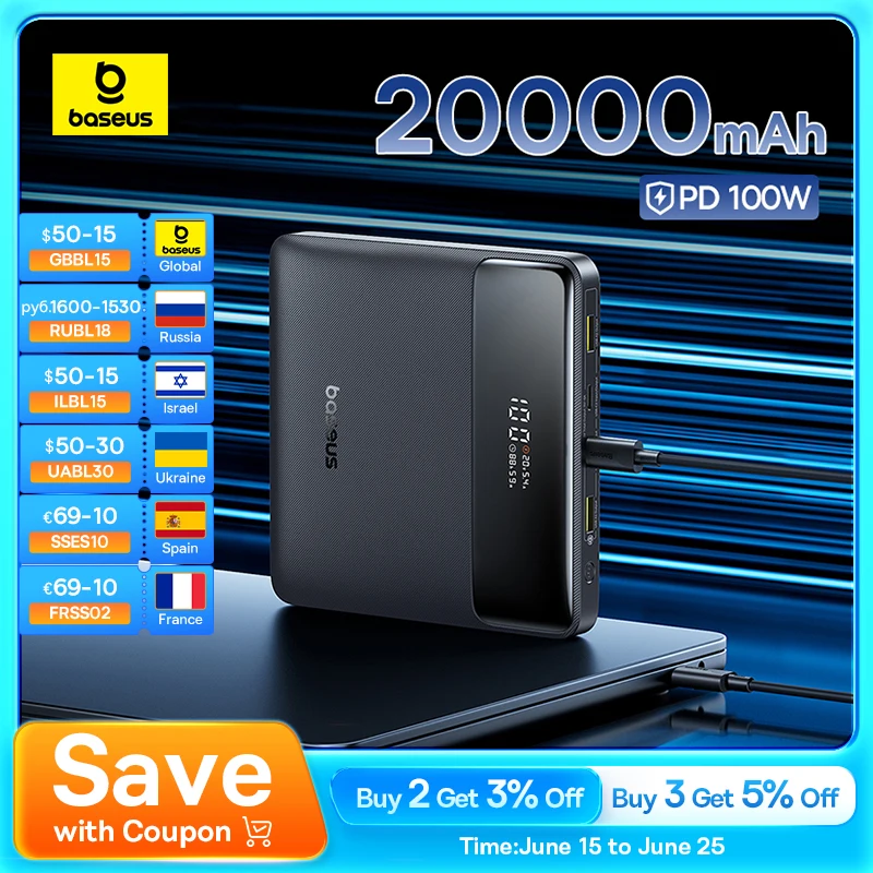 Baseus 100W Power Bank 20000mAh capacidad PD cargador de batería de carga rápida Powerbank para ordenadores portátiles MacBook iPhone Samsung Xiaomi