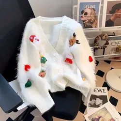 Women Christmas Cardigan Sweaters Cute Fuzzy Long Sleeve V Neck Button Down Knitwear Coat Female Casual Classic Winter Outerwear