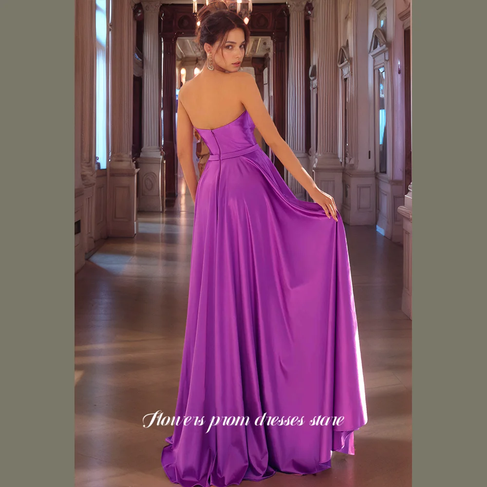 Flowers Prom Satin  Party Dress A Line Prom Evening Dress Strapless Long Evening Dress Sexy  فساتين السهرة Vestidos De Fiesta