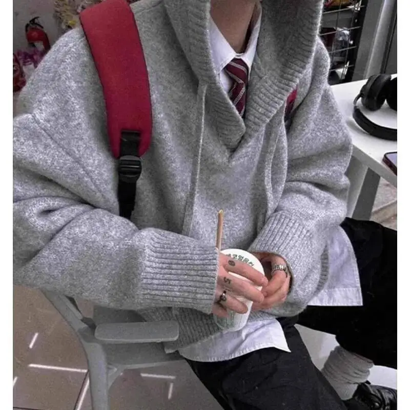 Unisex Hoodies Men's Grey Hooded Knit Sweater Women Autumn Winter Korean Vibe Retro Cleanfit Woolen Jacket Coat