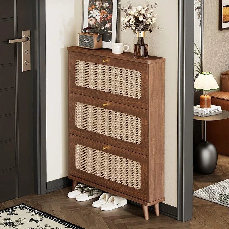 Retro style ultra-thin tipping bucket rattan shoe cabinet, indoor entrance cabinet at the door of the home, medium and ancient s