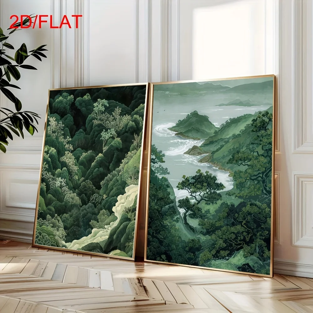 

2pcs Zen Green Forest Mountain Japanese Art Wall Poster Unframed Wabi Sabi Abstract Landscape Canvas Print for Living Room Decor