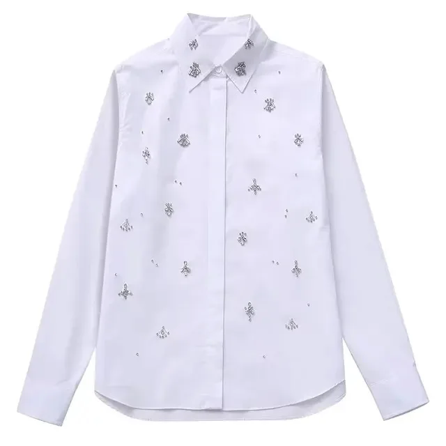 BabYoung-Blusa de moda para mujer, Camisa ajustada con botones, decoración de piedra Artificial sólida, Otoño, 2023